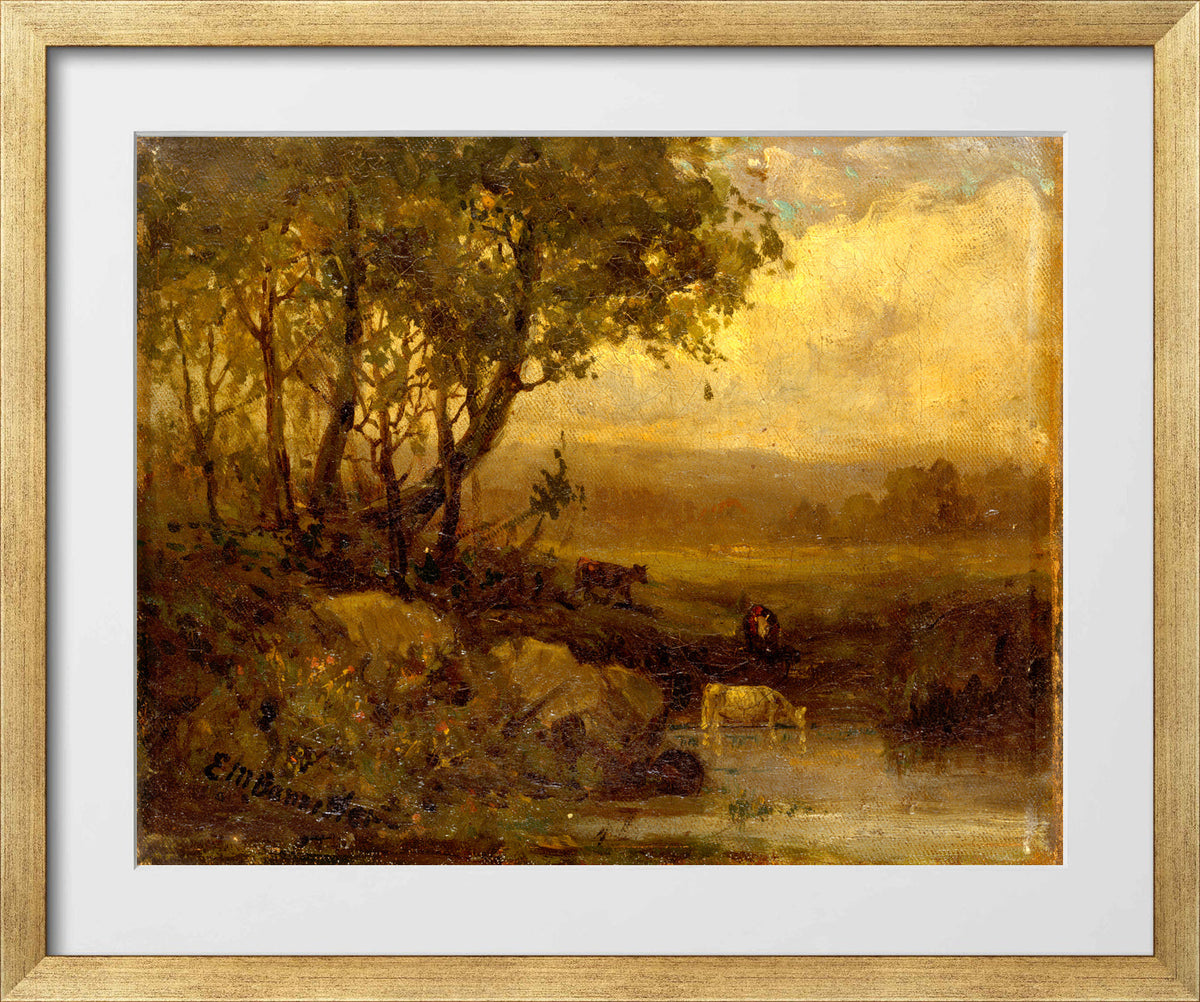 Edward Mitchell Bannister Print, Untitled (Riverbank with Three Cows) — gold frame
