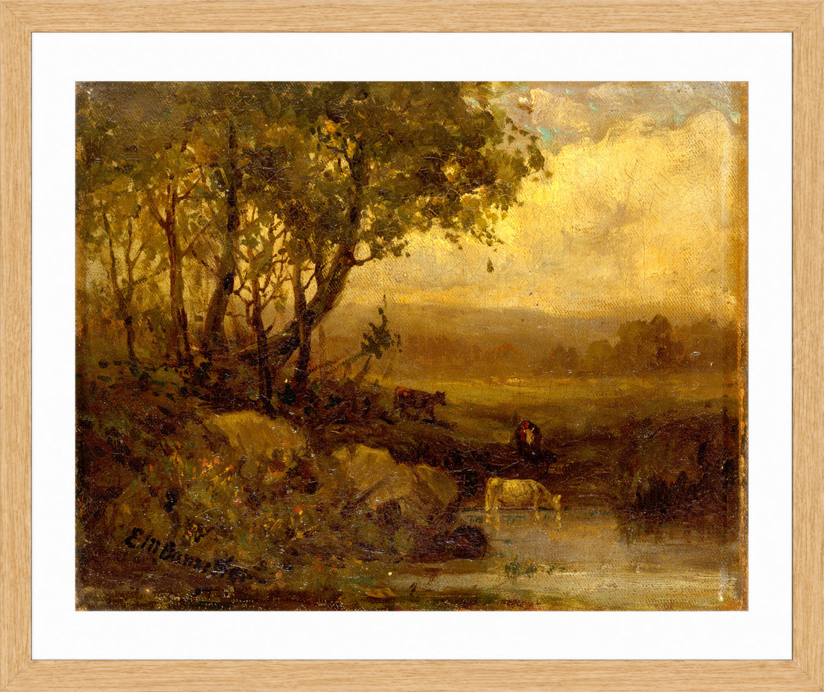 Edward Mitchell Bannister Print, Untitled (Riverbank with Three Cows) — oak frame