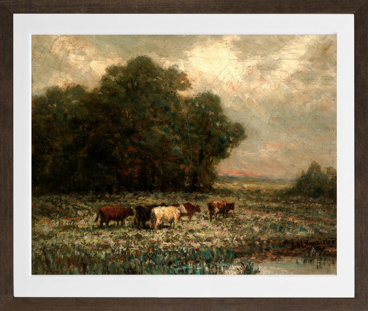 Edward Mitchell Bannister Print, Untitled (Landscape with Cattle Grazing) (1897) — brown frame