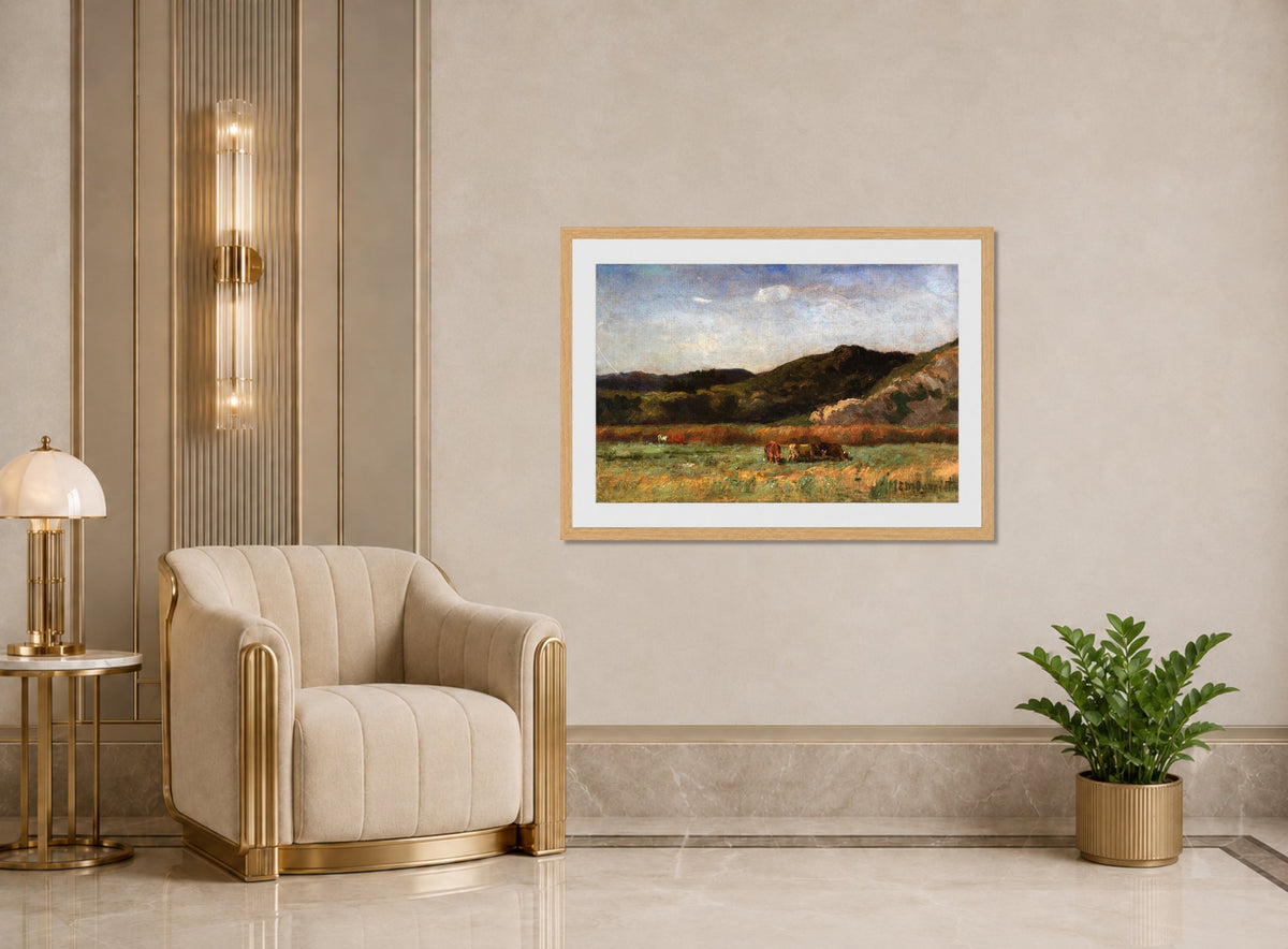 Edward Mitchell Bannister Print, Untitled (Cows Grazing beneath Hills) (1891) — art deco roomset