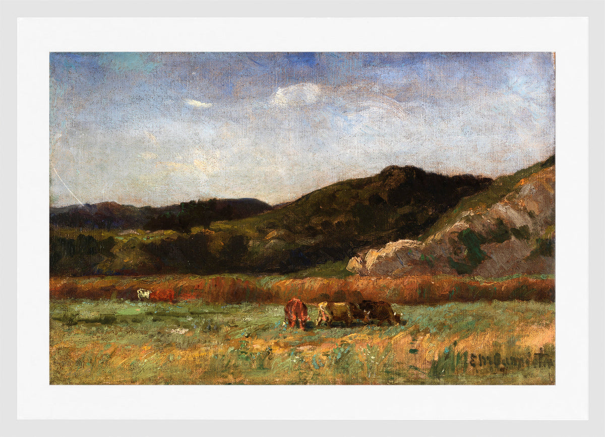 Edward Mitchell Bannister Print, Untitled (Cows Grazing beneath Hills) (1891) — white frame