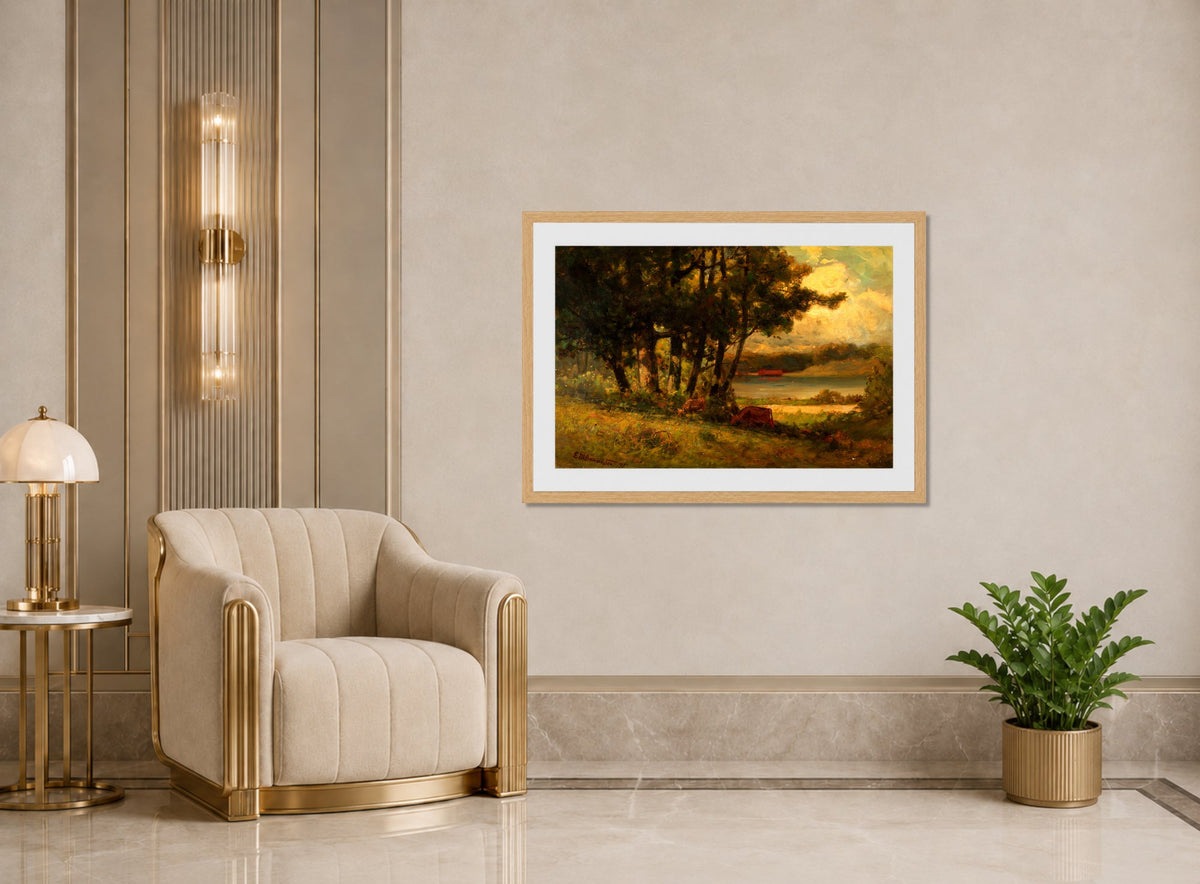 Edward Mitchell Bannister Print, Untitled (Cows Grazing near a River) — art deco roomset