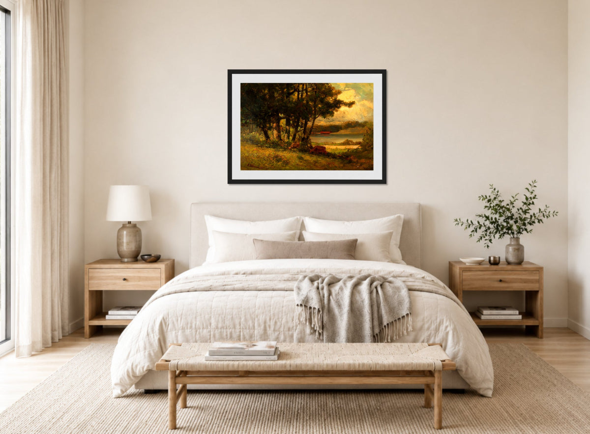 Edward Mitchell Bannister Print, Untitled (Cows Grazing near a River) — bedroom