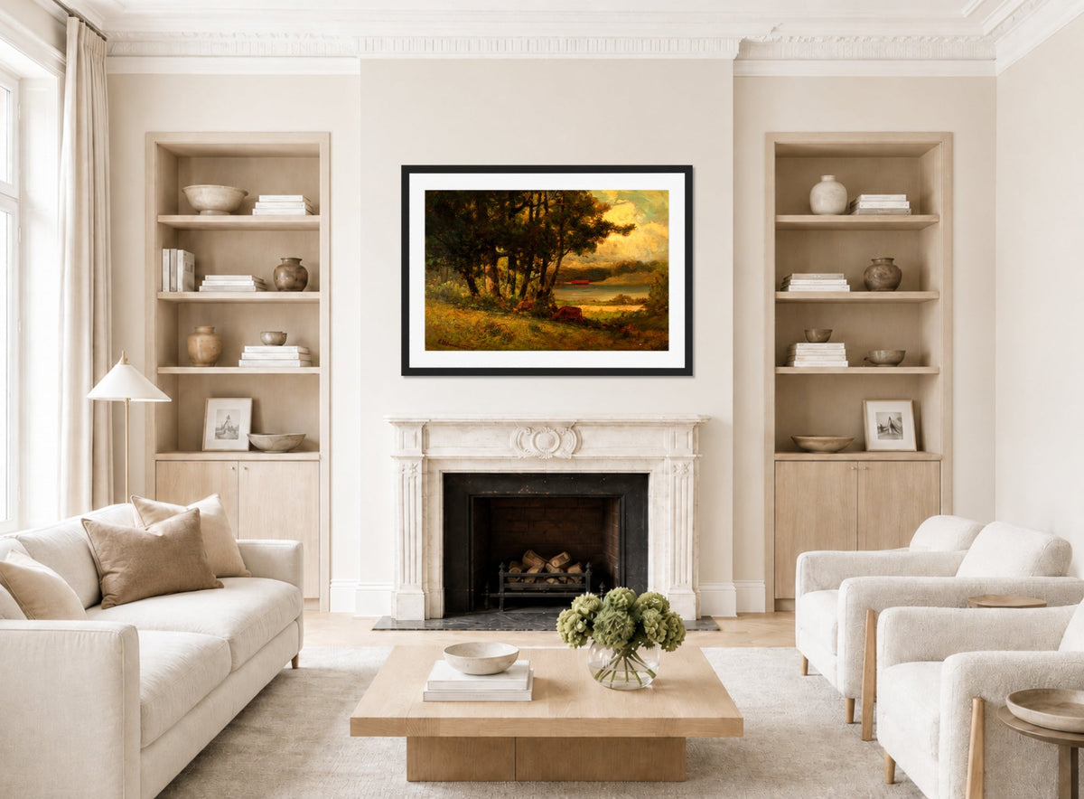 Edward Mitchell Bannister Print, Untitled (Cows Grazing near a River) — living room roomset