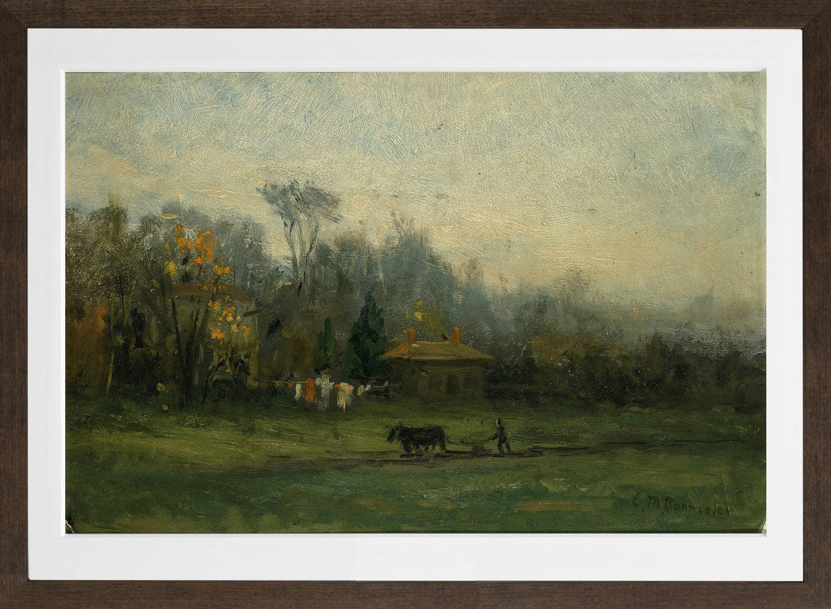 Edward Mitchell Bannister Print, Untitled (Man Ploughing Fields) — brown frame