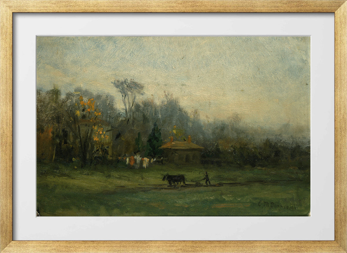 Edward Mitchell Bannister Print, Untitled (Man Ploughing Fields) — gold frame