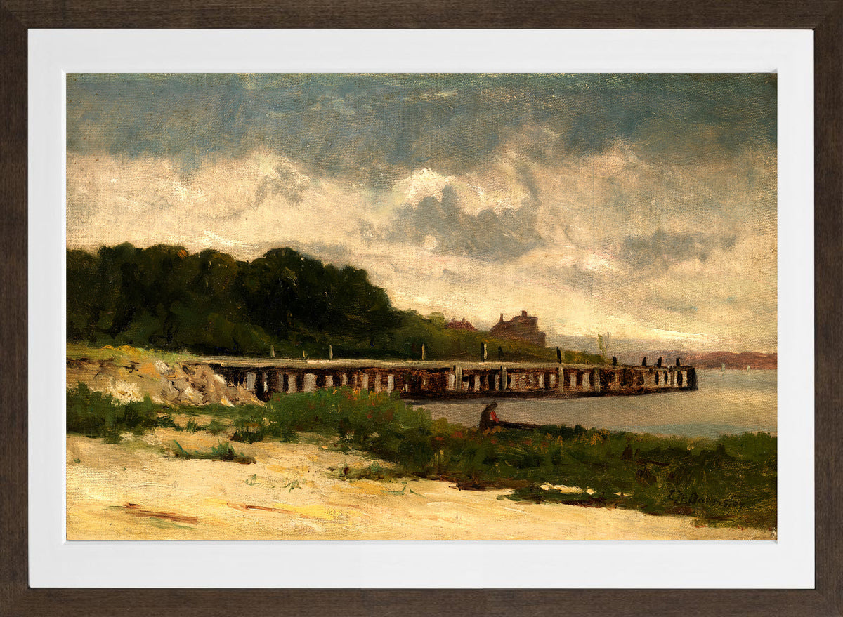 Edward Mitchell Bannister Print, Untitled (Landscape with a Pier) — brown frame