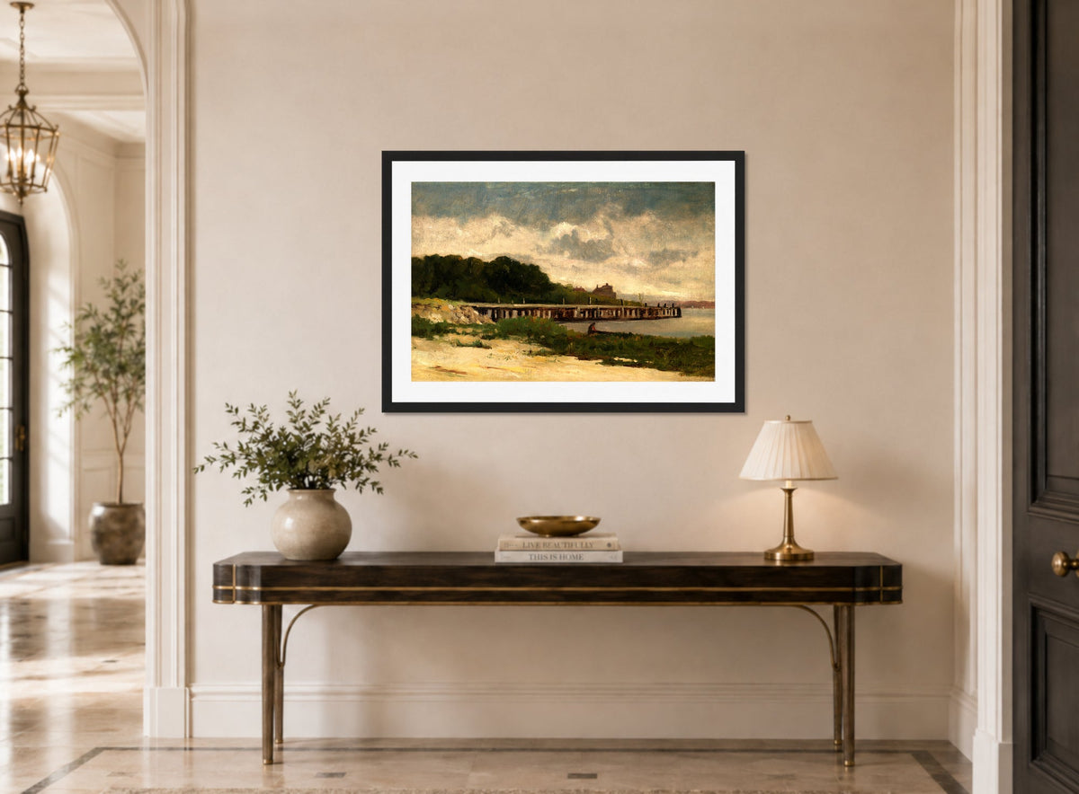 Edward Mitchell Bannister Print, Untitled (Landscape with a Pier) — hallway