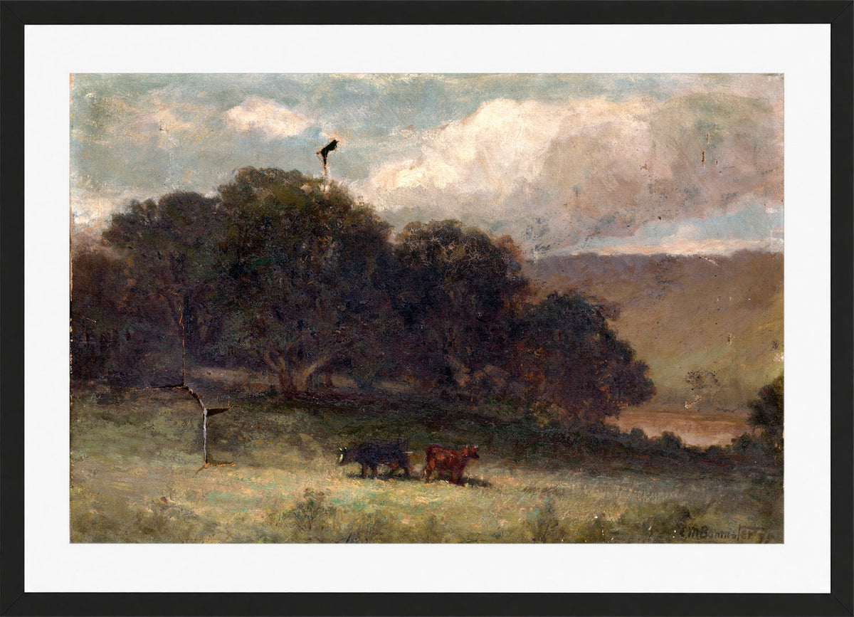 Edward Mitchell Bannister Print, Untitled (Trees and Two Cows in a Meadow) (1895) — black frame