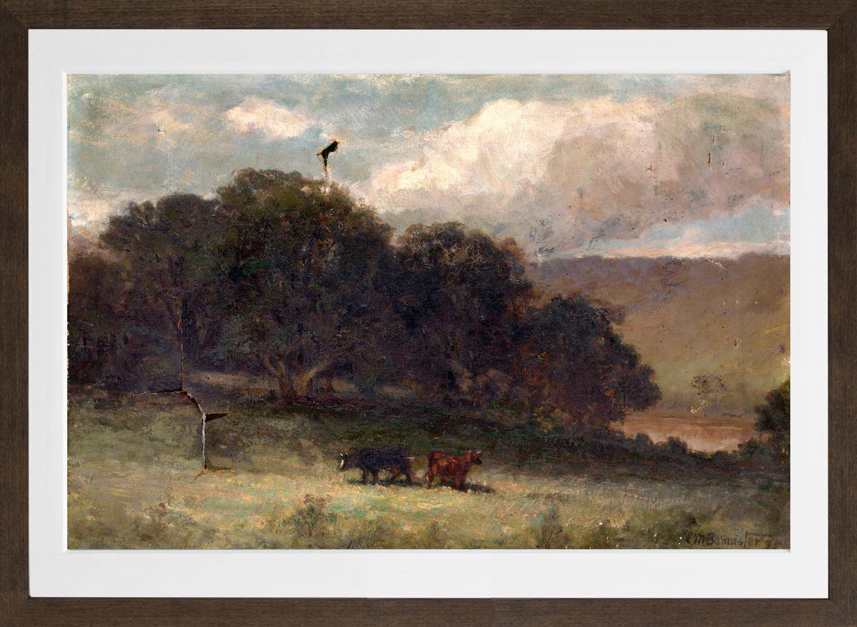 Edward Mitchell Bannister Print, Untitled (Trees and Two Cows in a Meadow) (1895) — brown frame