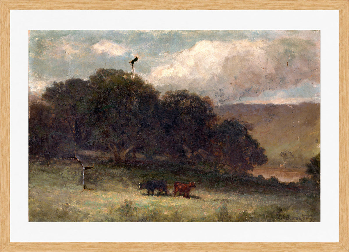 Edward Mitchell Bannister Print, Untitled (Trees and Two Cows in a Meadow) (1895) — oak frame