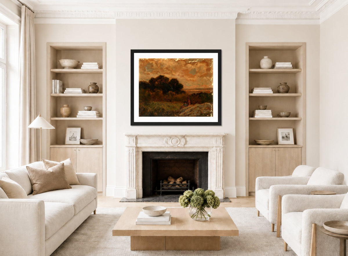 Edward Mitchell Bannister Print, Untitled (Two Women Reclining on Rocks) — living room roomset