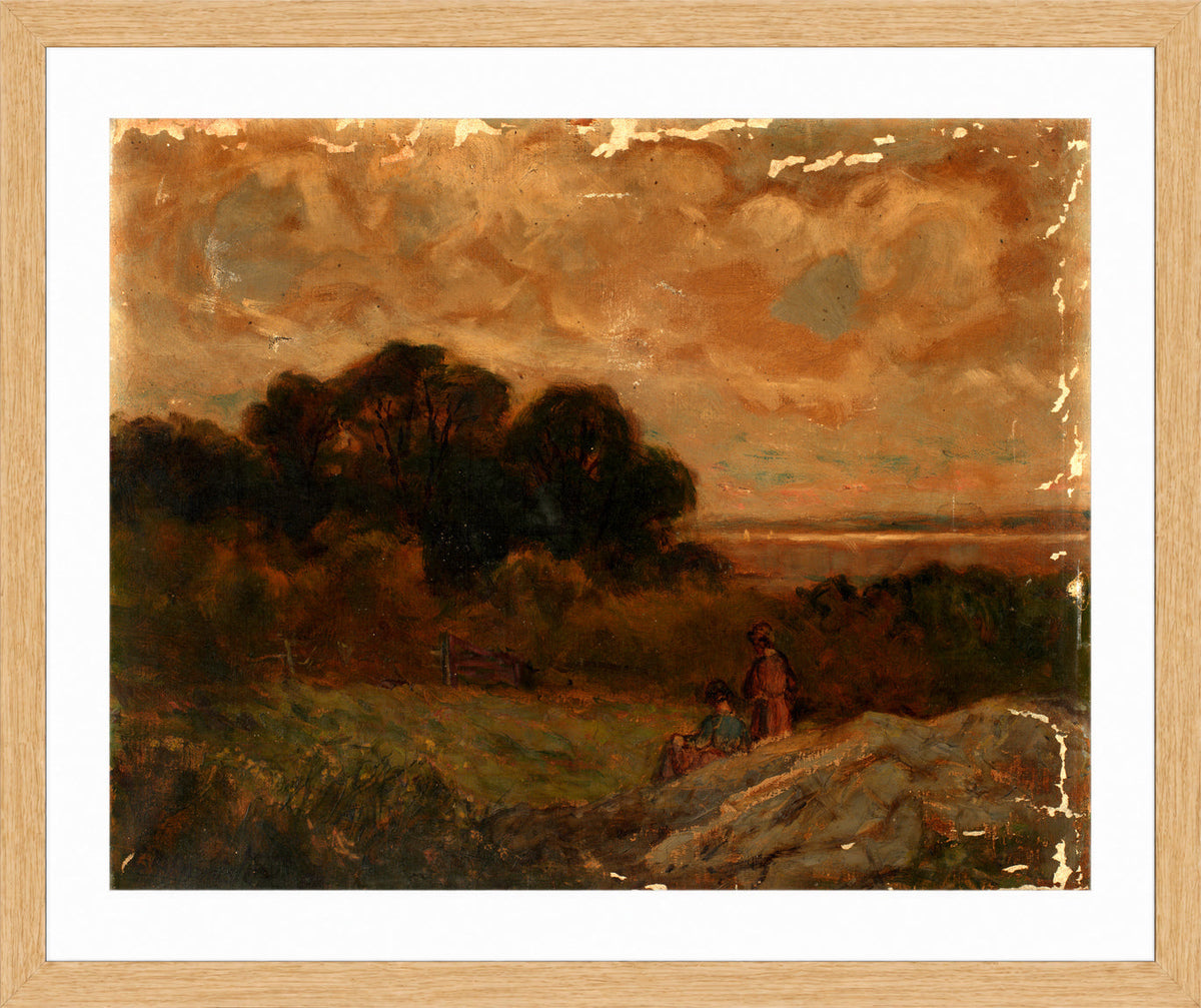 Edward Mitchell Bannister Print, Untitled (Two Women Reclining on Rocks) — oak frame