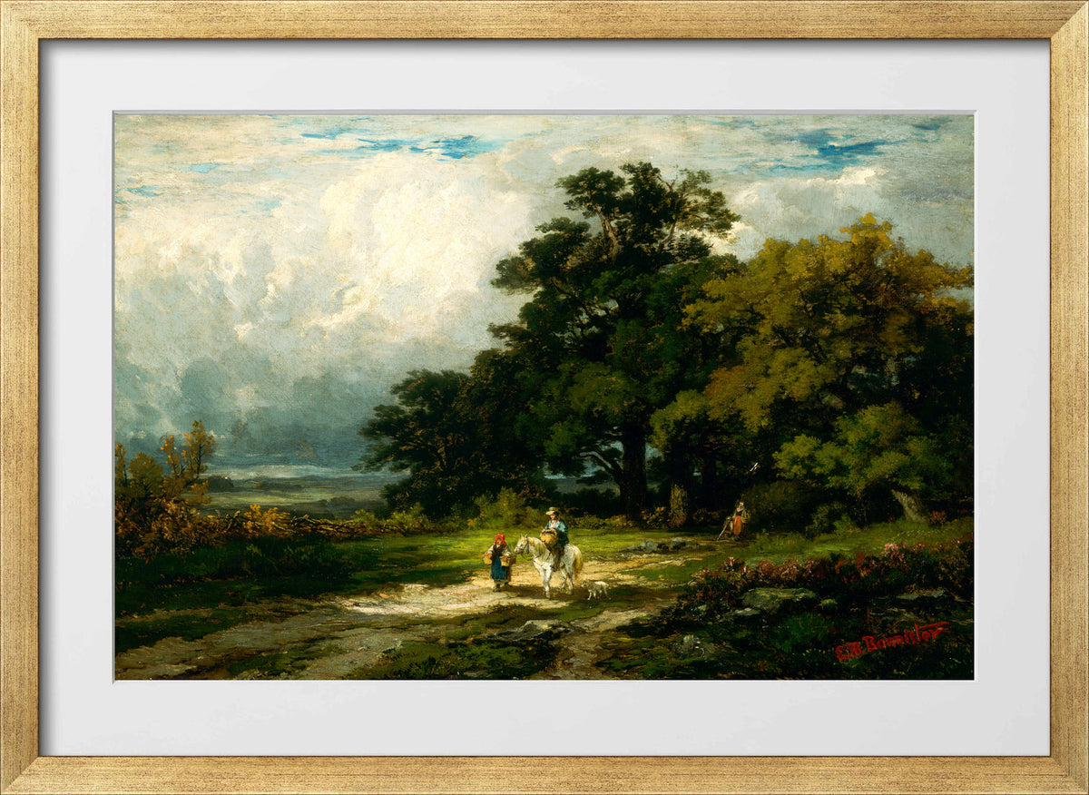 Edward Mitchell Bannister Print, Untitled (Rider, Woman and Dog) — gold frame