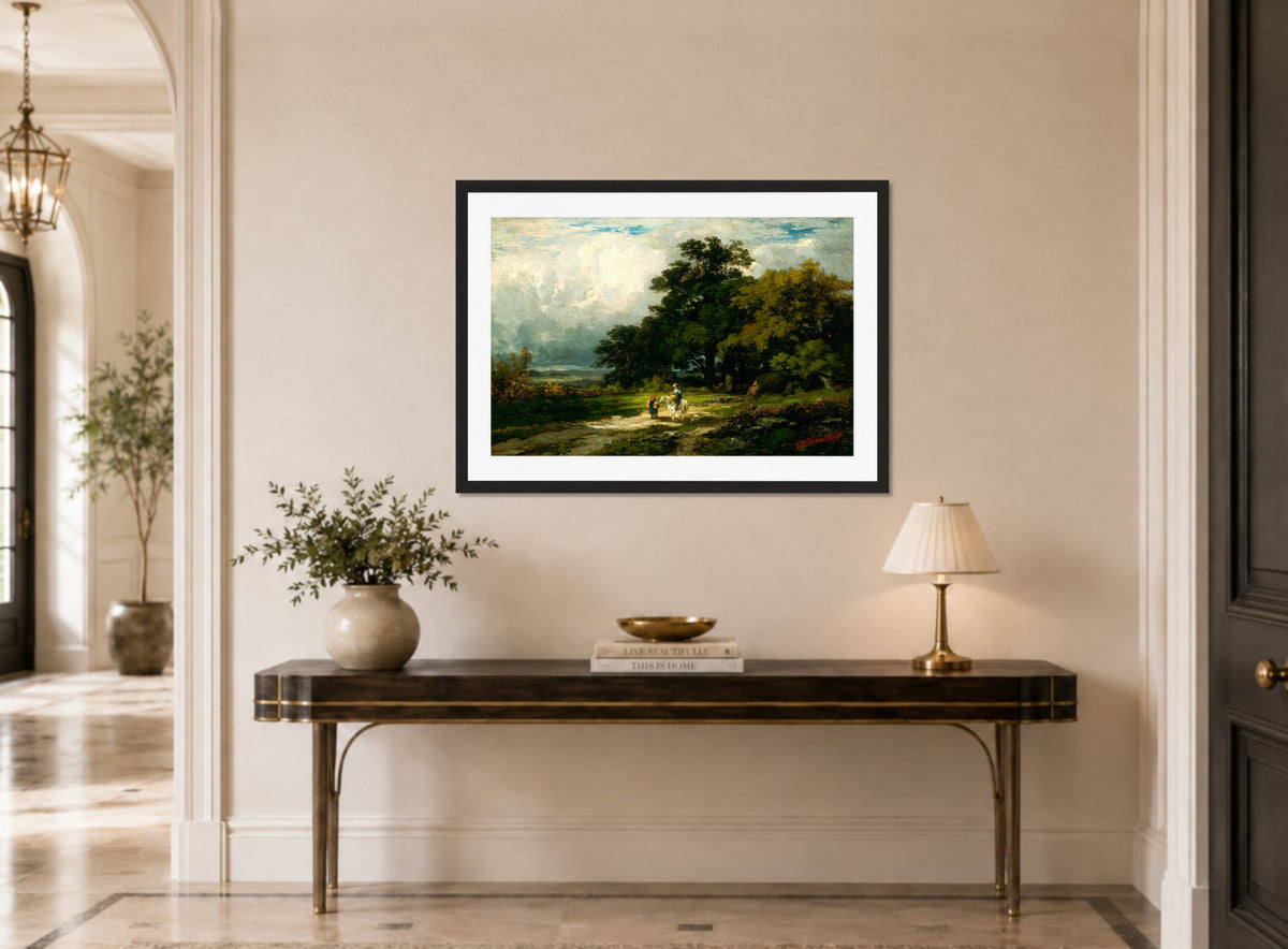 Edward Mitchell Bannister Print, Untitled (Rider, Woman and Dog) — hallway