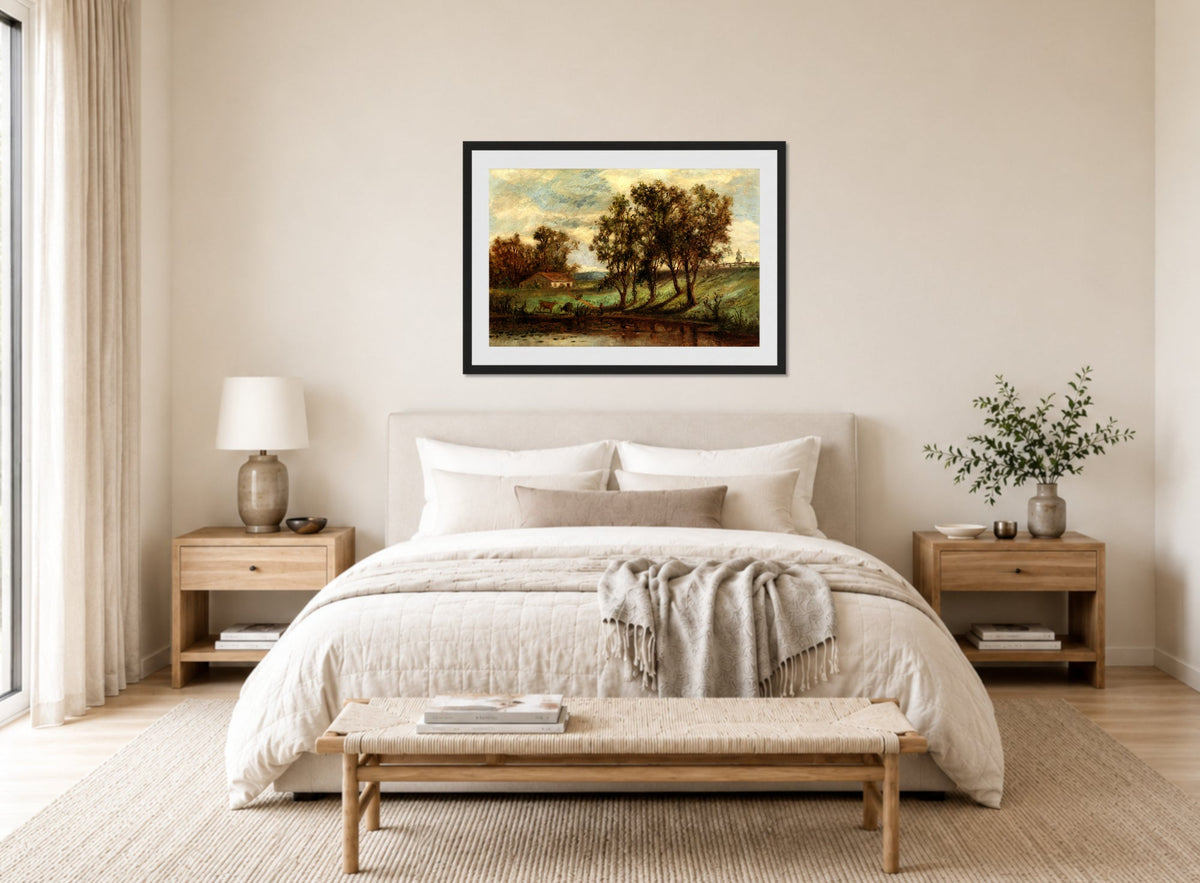Edward Mitchell Bannister Print, Untitled (Man and Cows near a Pond) — bedroom