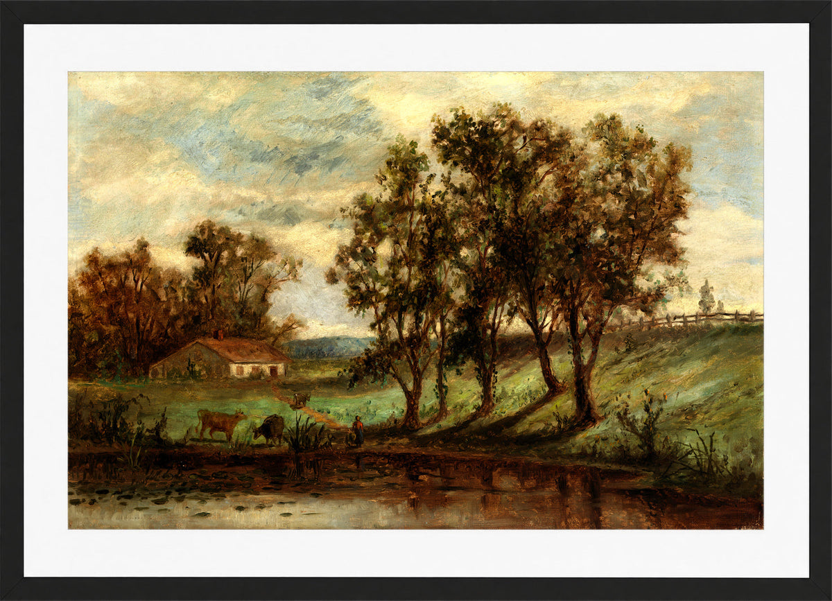 Edward Mitchell Bannister Print, Untitled (Man and Cows near a Pond) — black frame