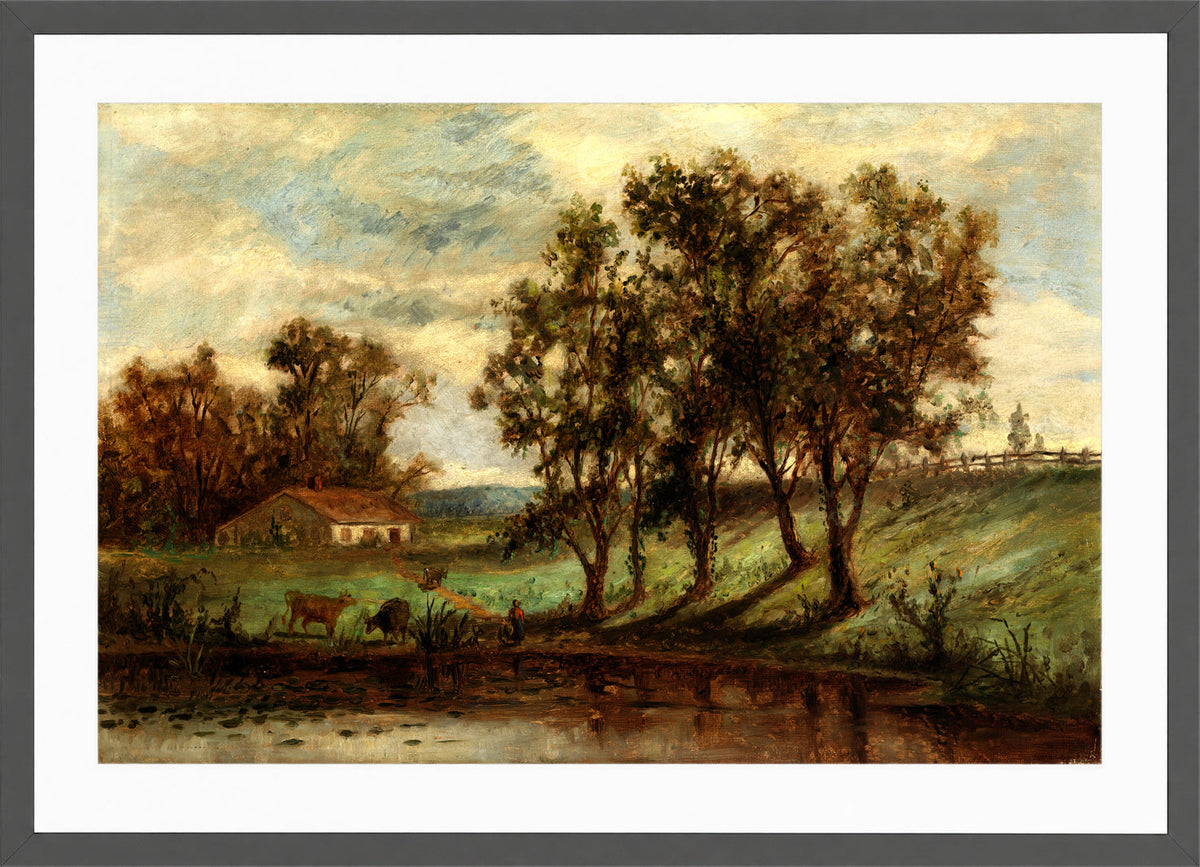 Edward Mitchell Bannister Print, Untitled (Man and Cows near a Pond) — dark grey frame