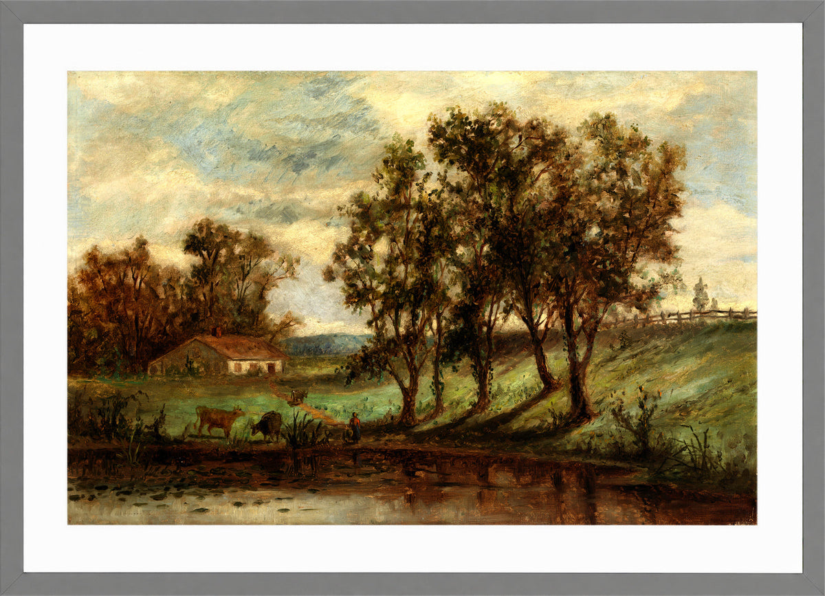 Edward Mitchell Bannister Print, Untitled (Man and Cows near a Pond) — light grey frame