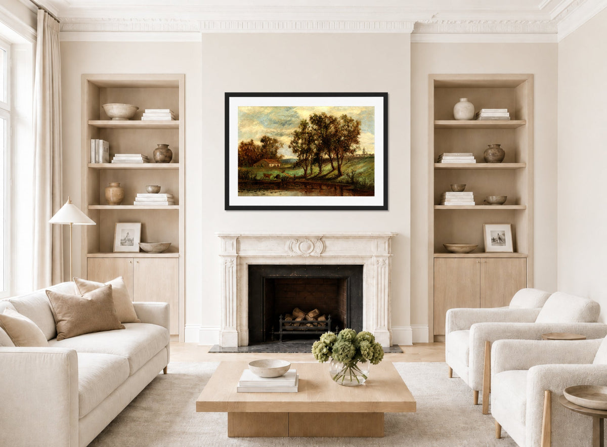 Edward Mitchell Bannister Print, Untitled (Man and Cows near a Pond) — living room roomset