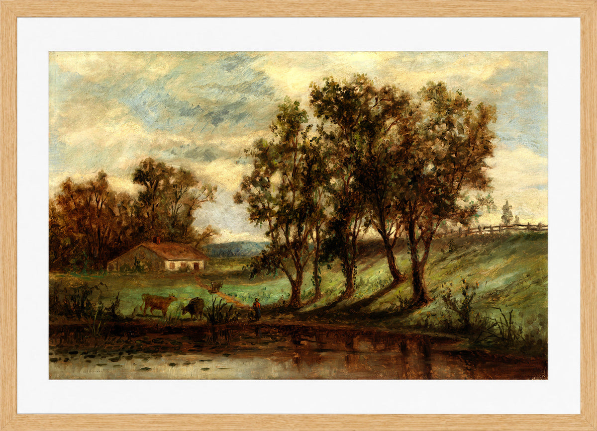 Edward Mitchell Bannister Print, Untitled (Man and Cows near a Pond) — oak frame