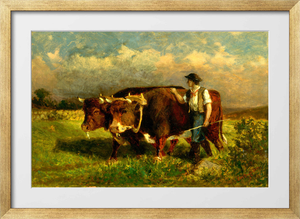 Edward Mitchell Bannister Print, Untitled (Man with Two Oxen) (1869) — gold frame