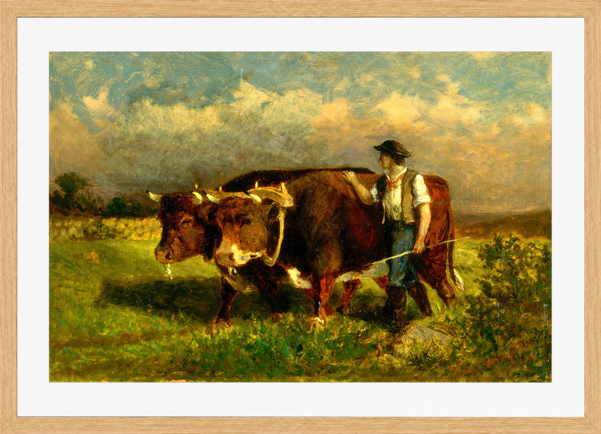 Edward Mitchell Bannister Print, Untitled (Man with Two Oxen) (1869) — oak frame