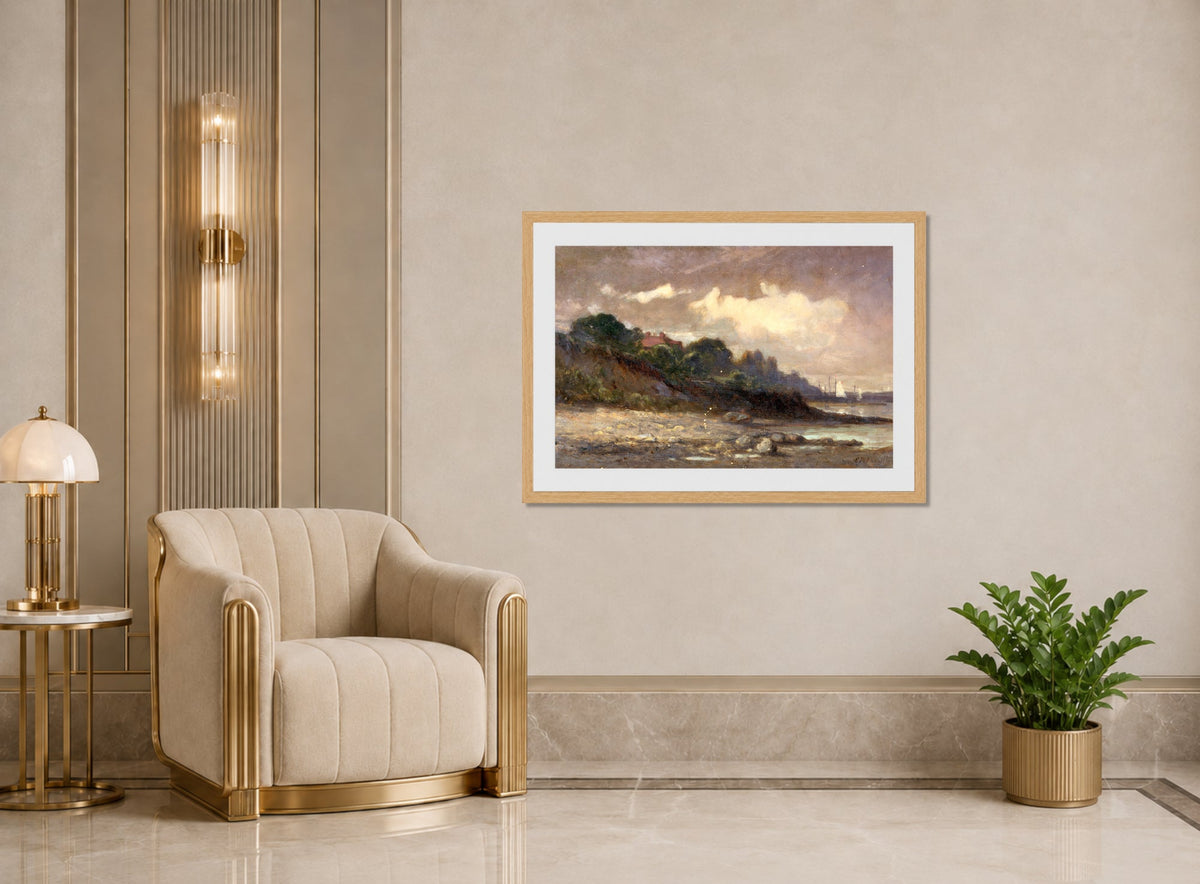 Edward Mitchell Bannister Print, Untitled (Shoreline with Sailboats and Roof) — art deco roomset
