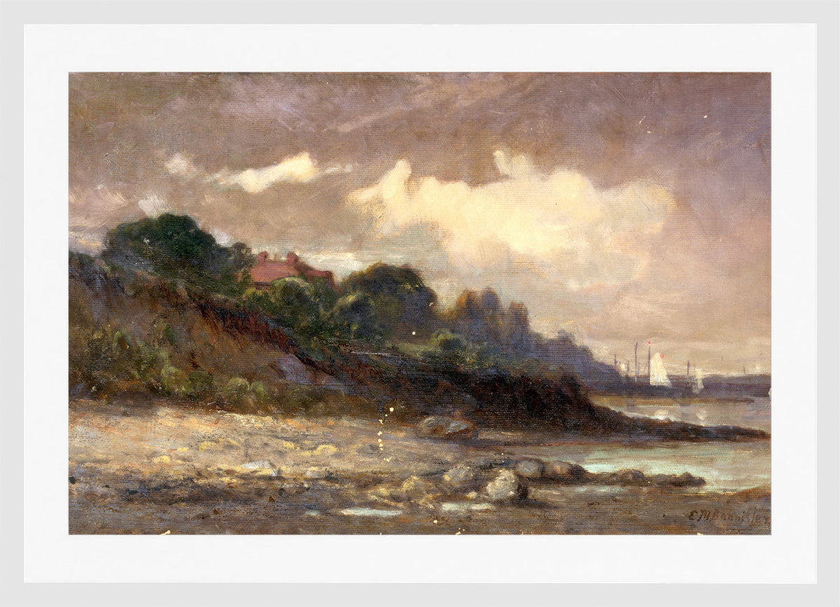 Edward Mitchell Bannister Print, Untitled (Shoreline with Sailboats and Roof) — white frame
