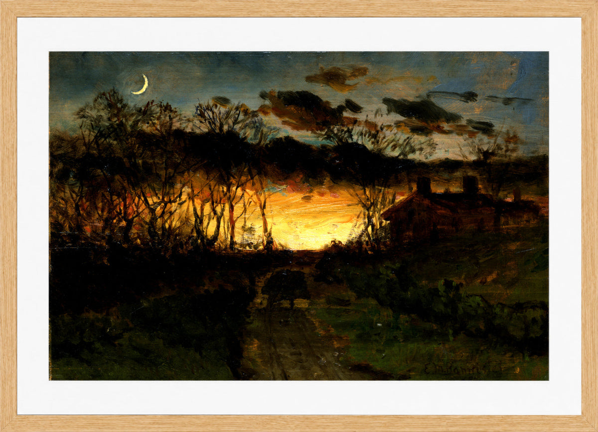 Edward Mitchell Bannister Print, Untitled (Sunset, Moon and Farmhouse) (1883) — oak frame