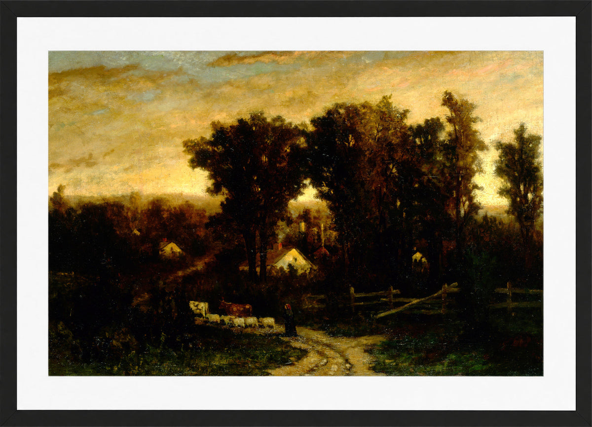 Edward Mitchell Bannister Print, Untitled (Woman with Cattle and Sheep at Dusk) — black frame