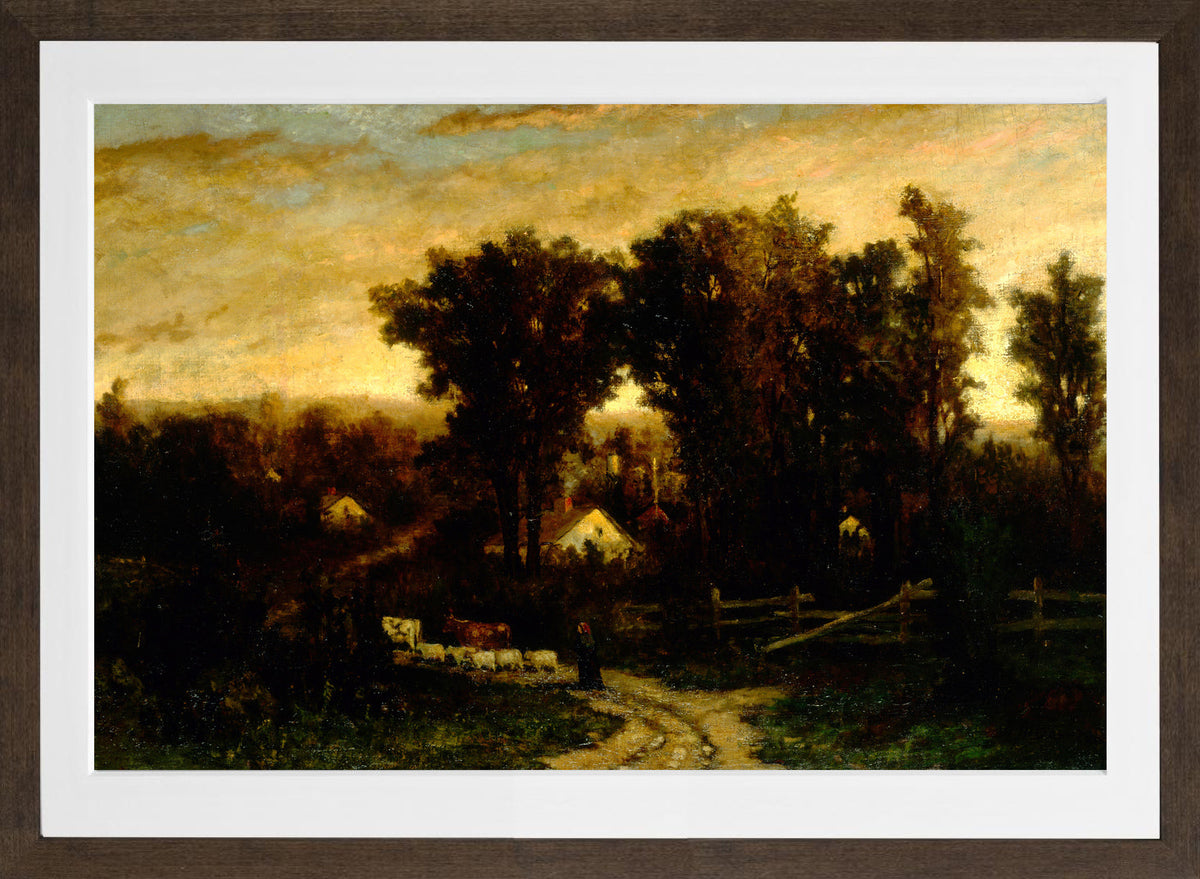 Edward Mitchell Bannister Print, Untitled (Woman with Cattle and Sheep at Dusk) — brown frame