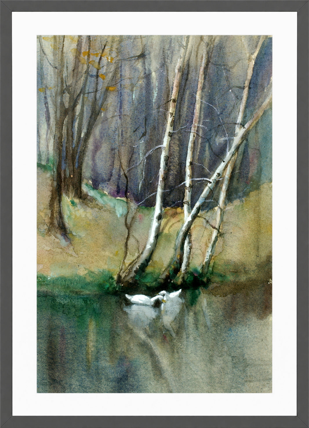 Edward Mitchell Bannister Print, Untitled (Birch Trees and Ducks) — dark grey frame