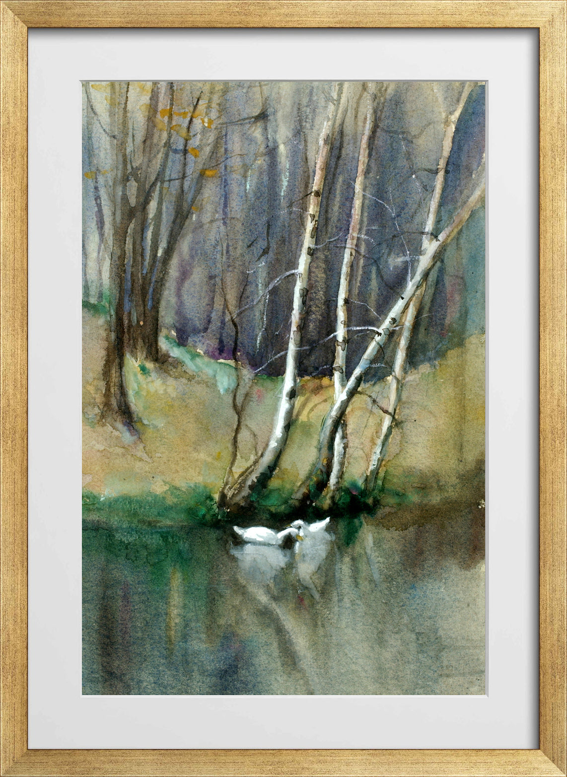 Edward Mitchell Bannister Print, Untitled (Birch Trees and Ducks) — gold frame