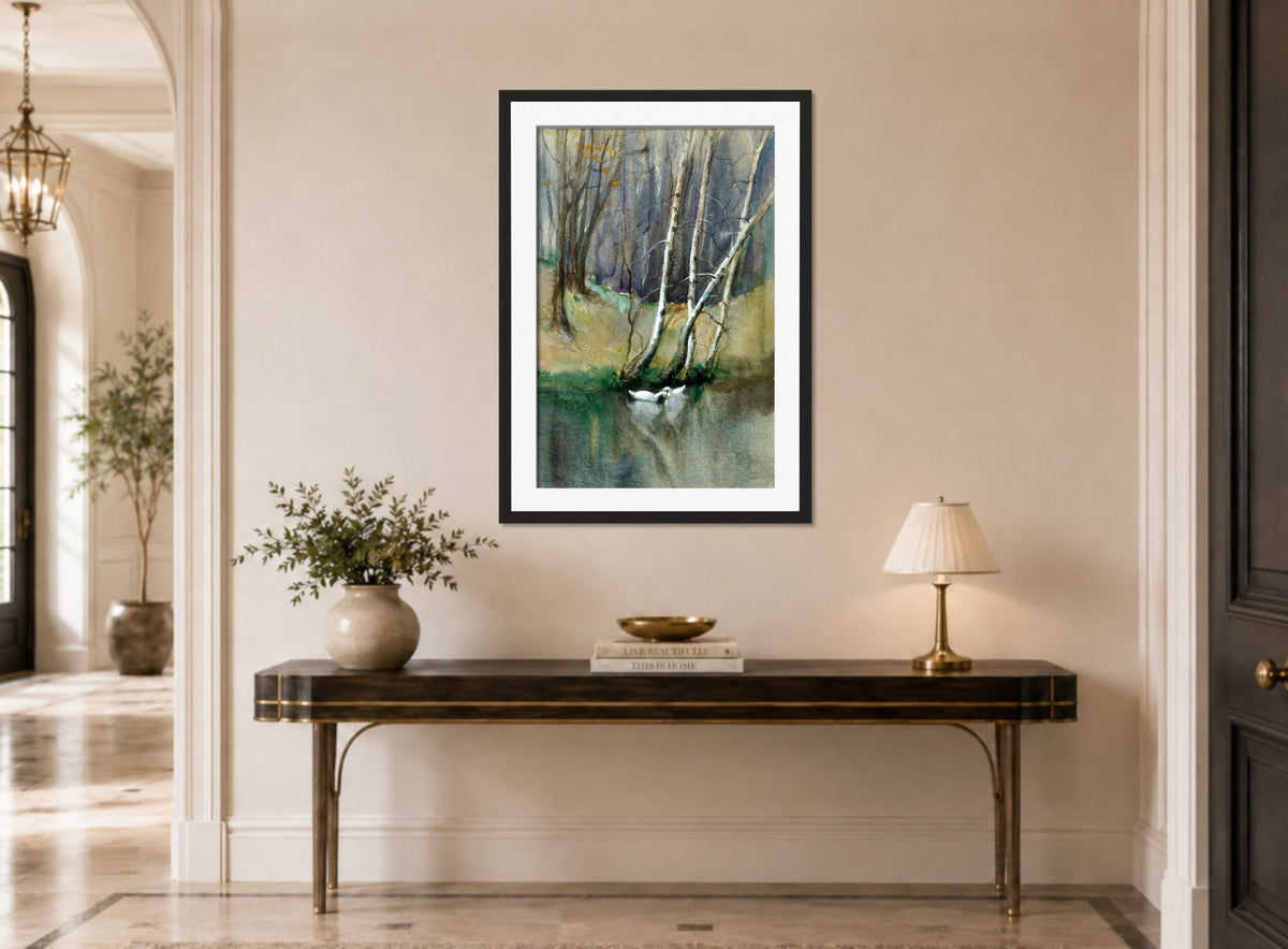 Edward Mitchell Bannister Print, Untitled (Birch Trees and Ducks) — hallway