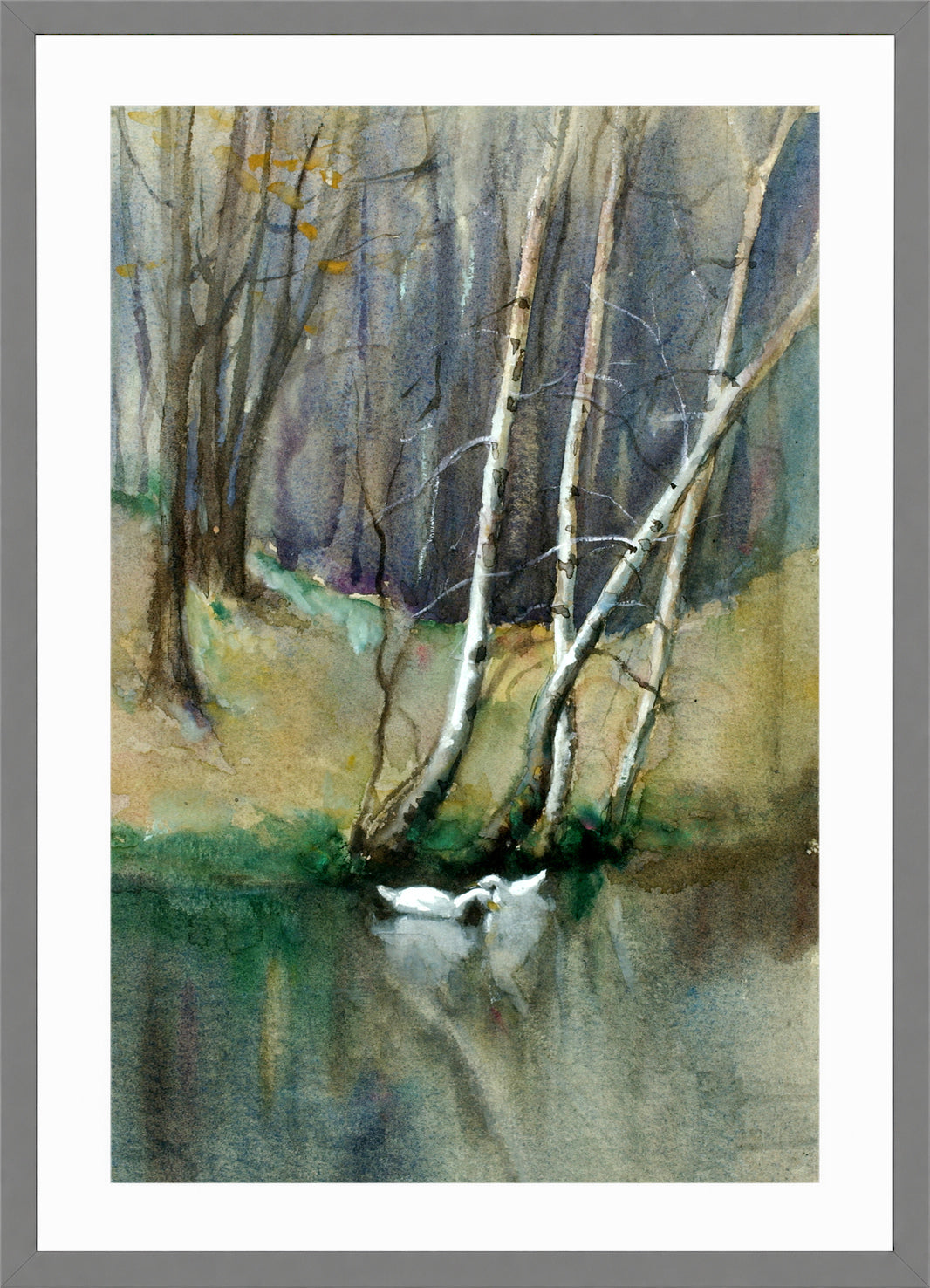 Edward Mitchell Bannister Print, Untitled (Birch Trees and Ducks) — light grey frame