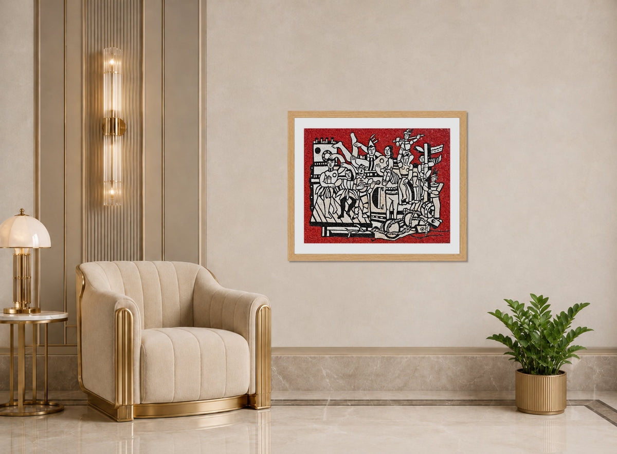 Fernand Leger Print, Grand parade with red background displayed in an Art Deco interior
