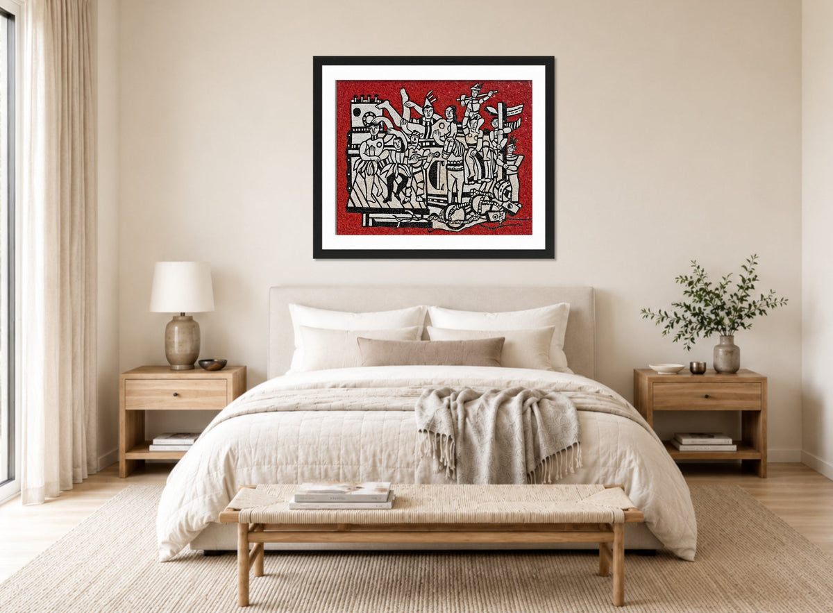 Fernand Leger Print, Grand parade with red background displayed above a bed