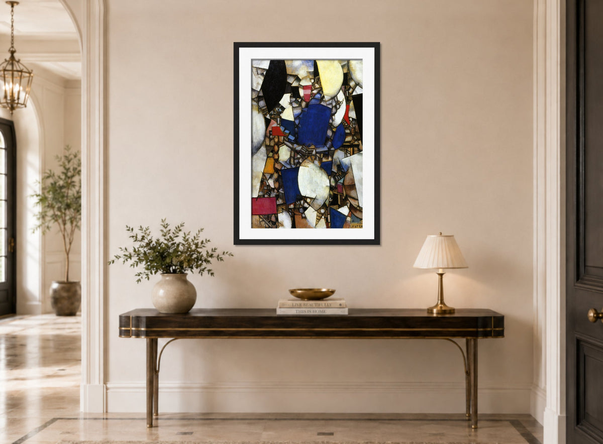 Fernand Leger Print, La Femme en Bleu (Woman in Blue) displayed above a console table