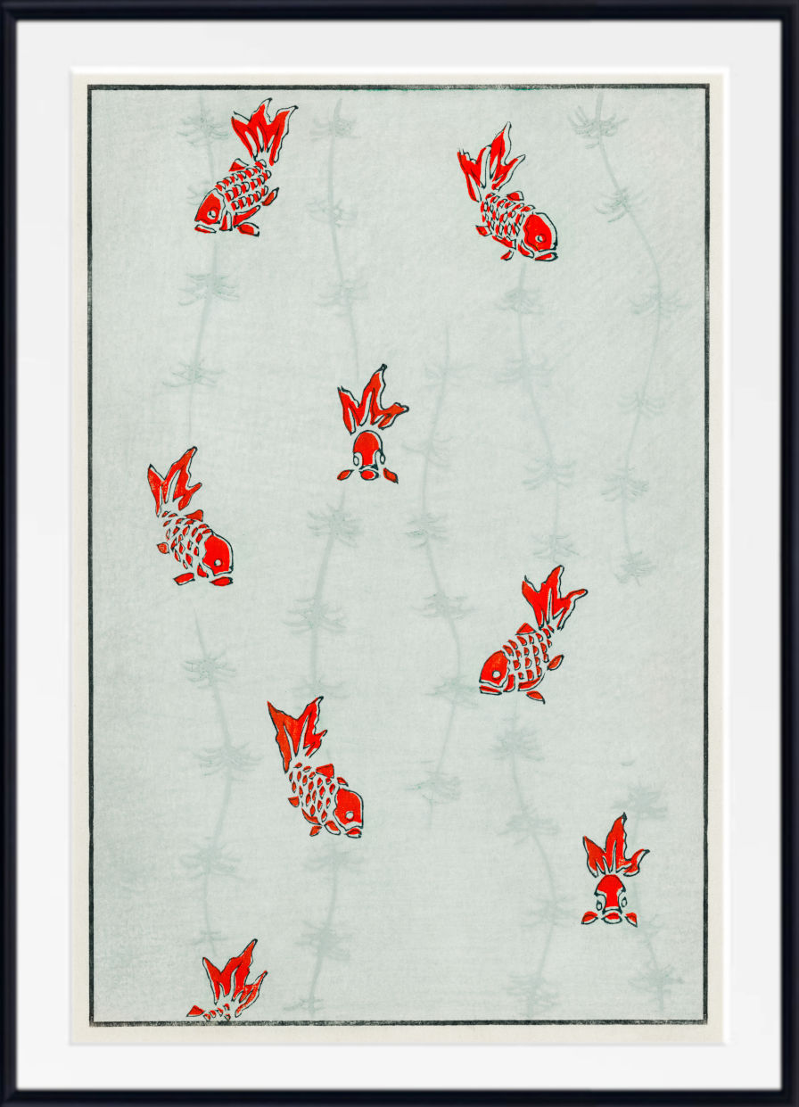Framed wall art featuring a light gray background with repeated red and white koi fish motifs and faint vertical bamboo stalks, shown with a white mat and black frame.