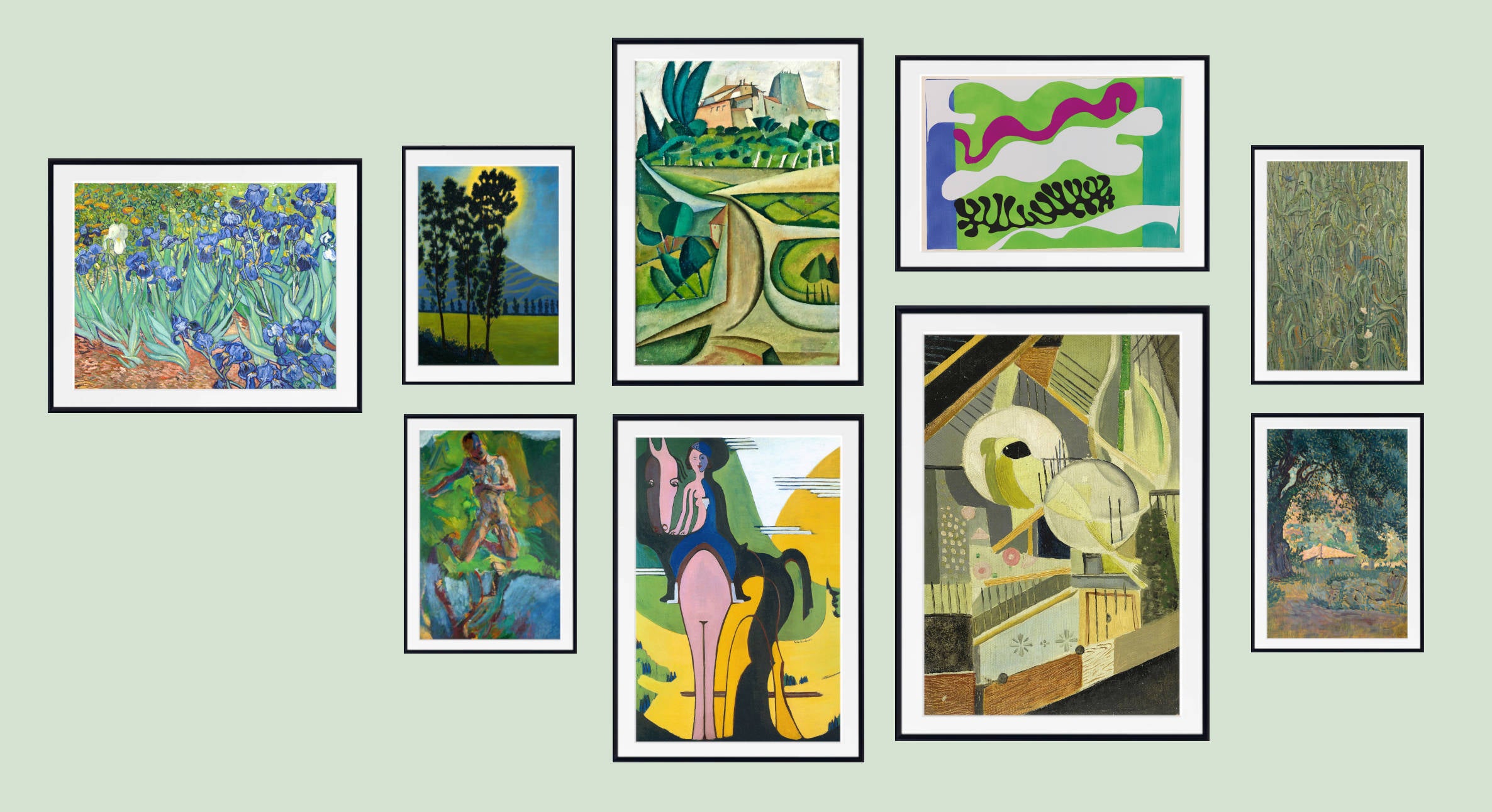 Living Room Classic Art Gallery Wall Set of 9 Green Tone Framed Prints