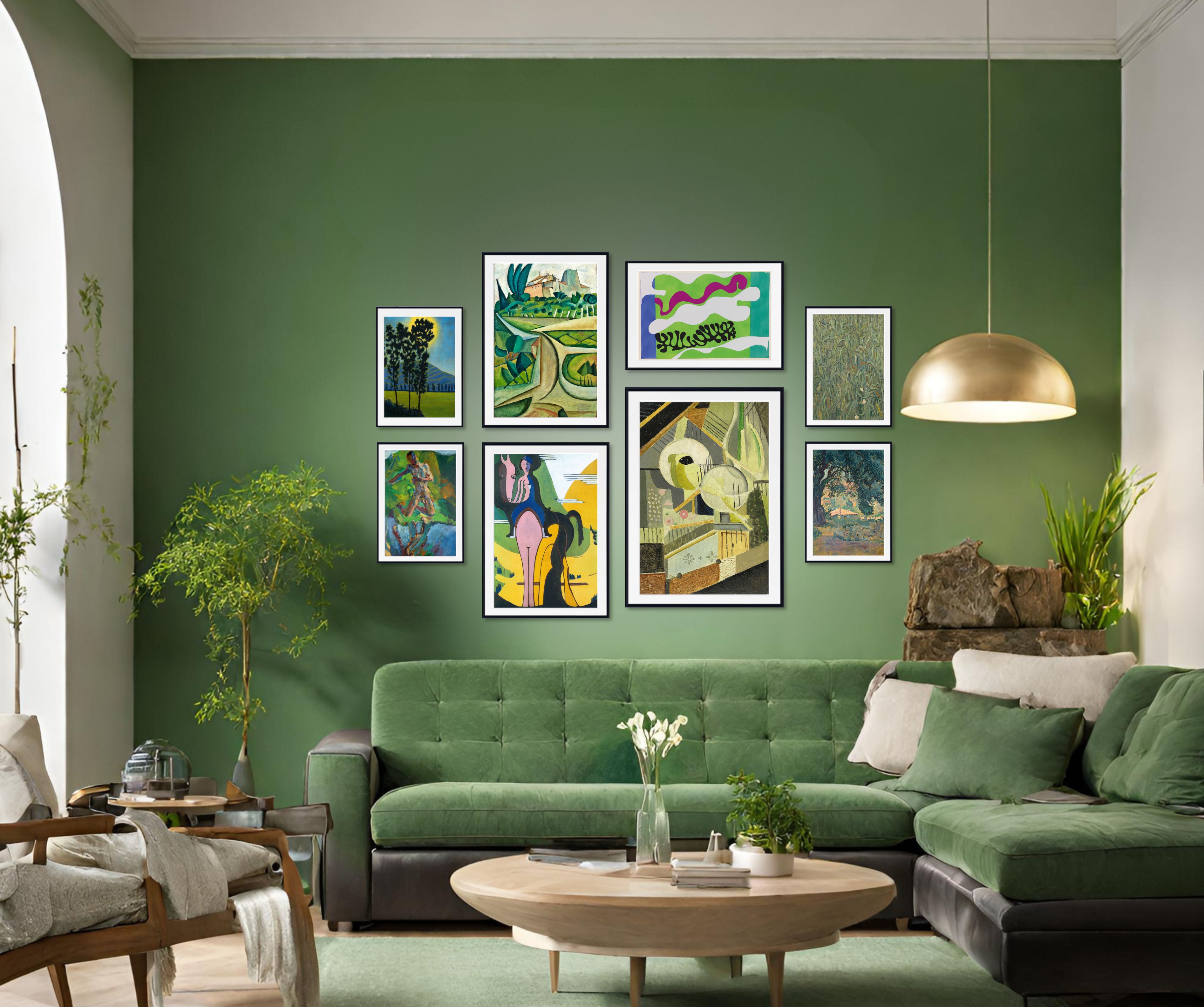 Living Room Classic Art Gallery Wall Set of 8 Green Tone Framed Prints