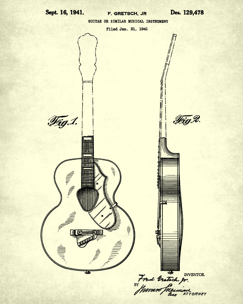 Music Posters, Guitar, Drums, Piano Patent Prints Set 3L