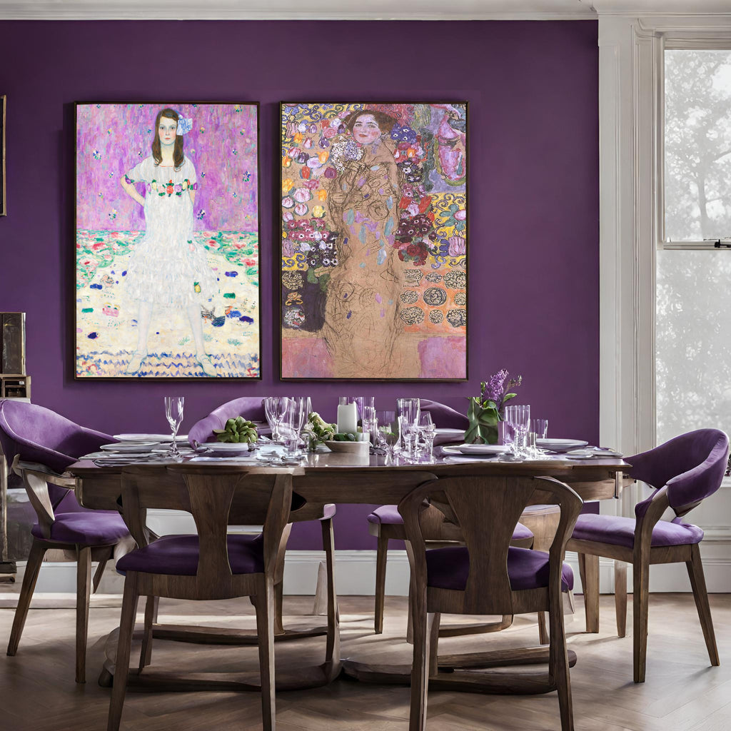 Purple dining room with gustav klimt prints