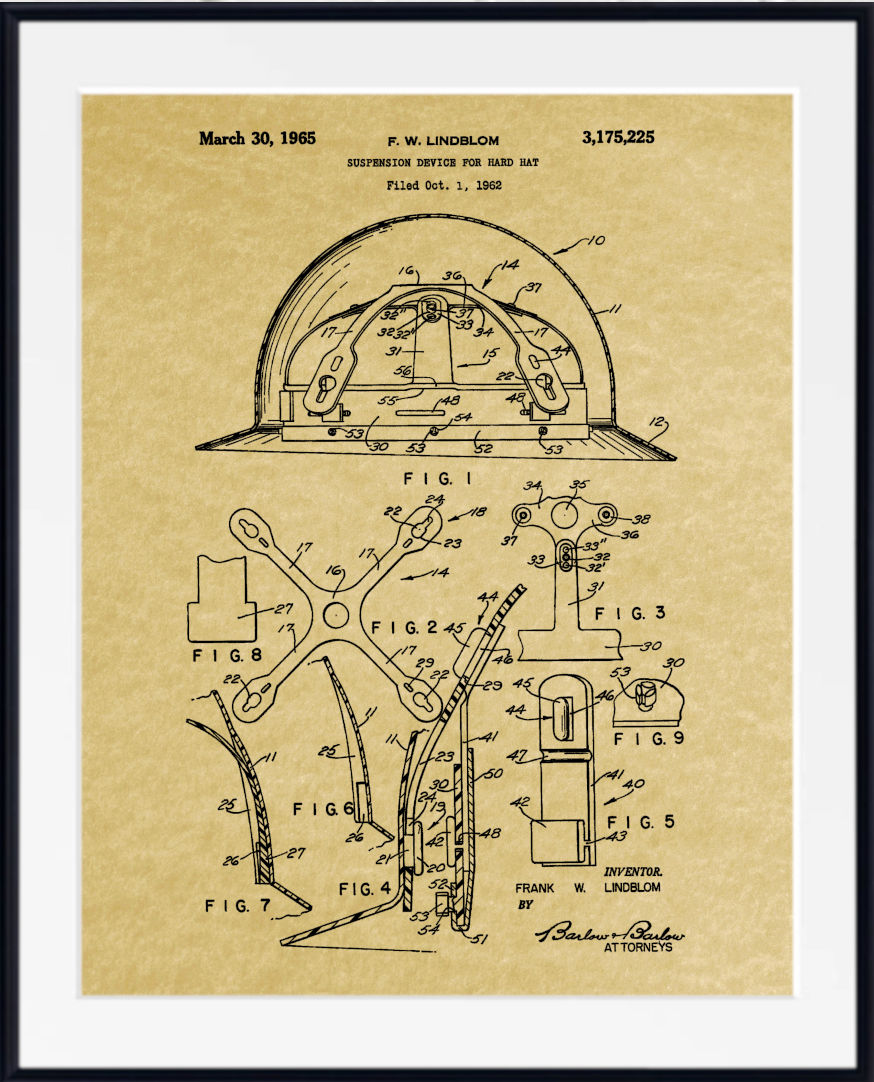 Vintage patent art print of an inventor's device for hard hat