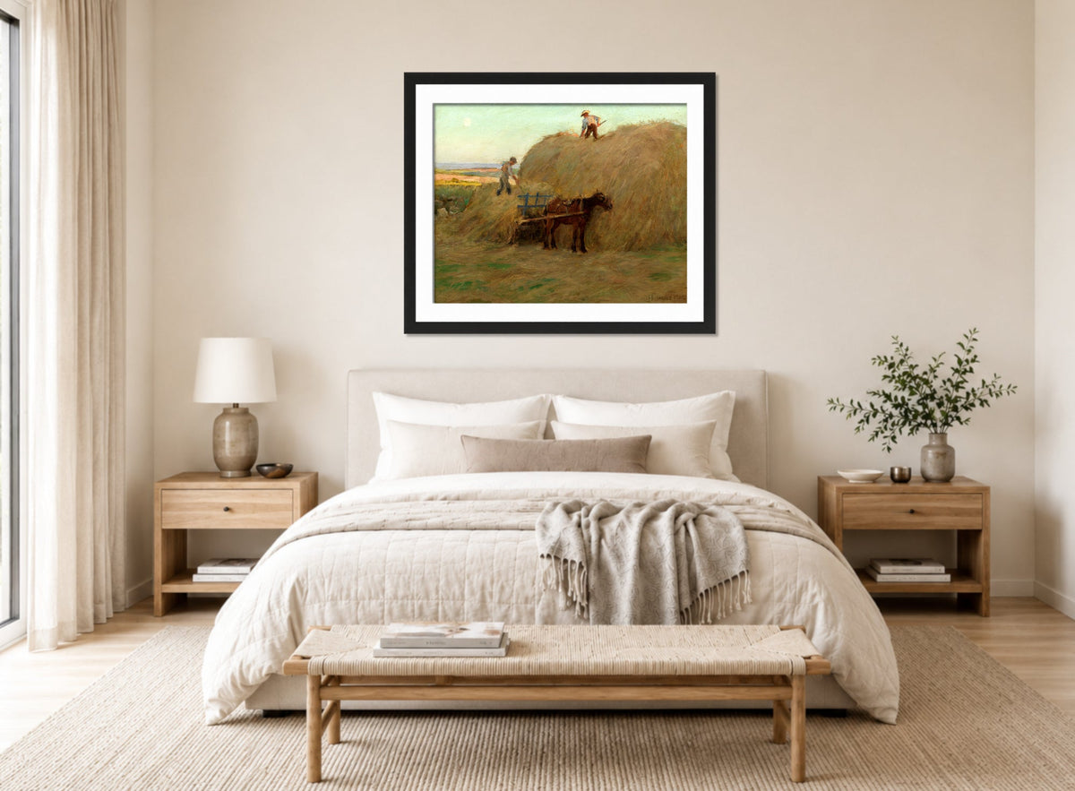 Harold Harvey Print, Building the hayrick (1902) displayed above a bed