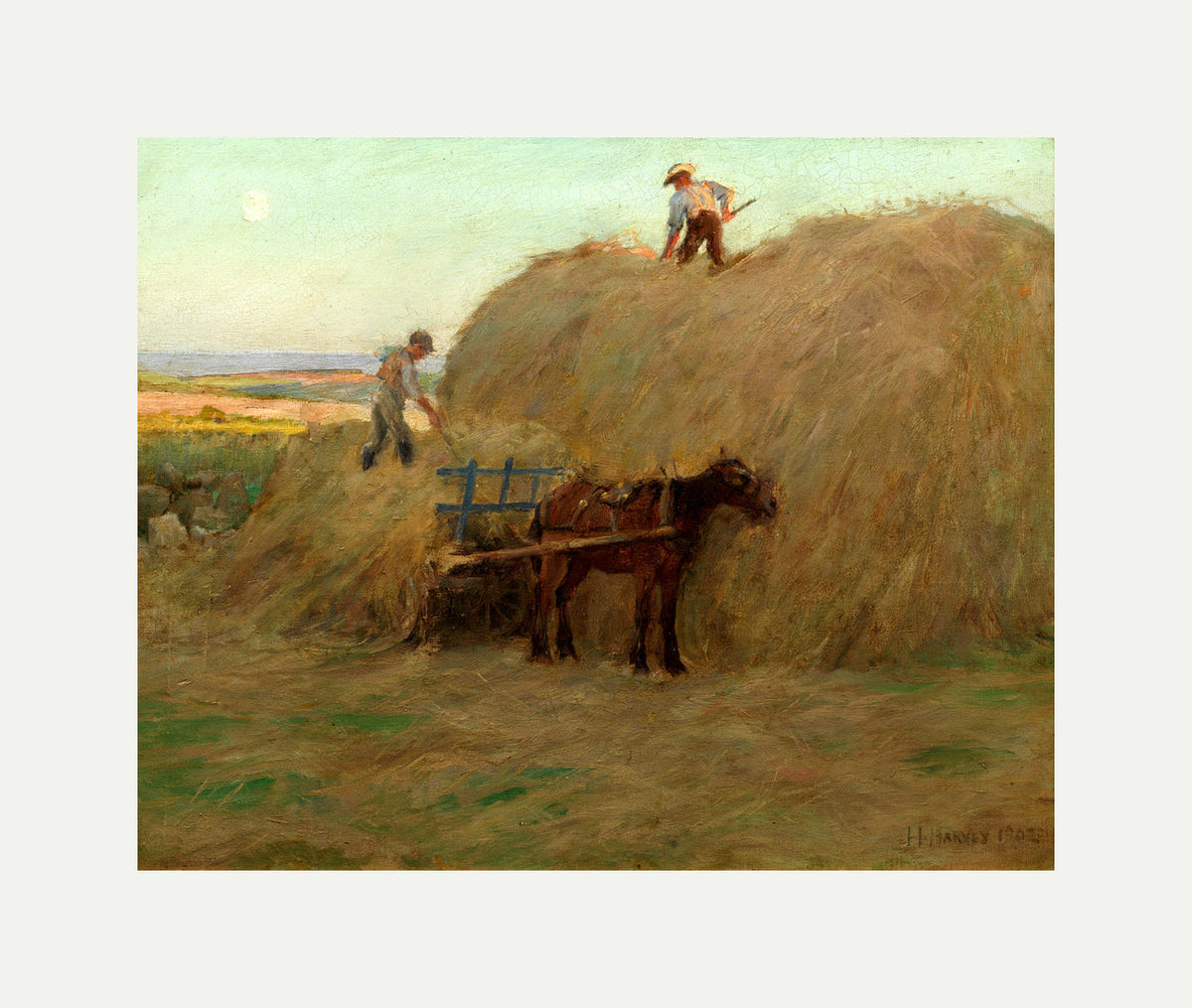 Harold Harvey Print, Building the hayrick (1902) with an off-white border for rolled canvas