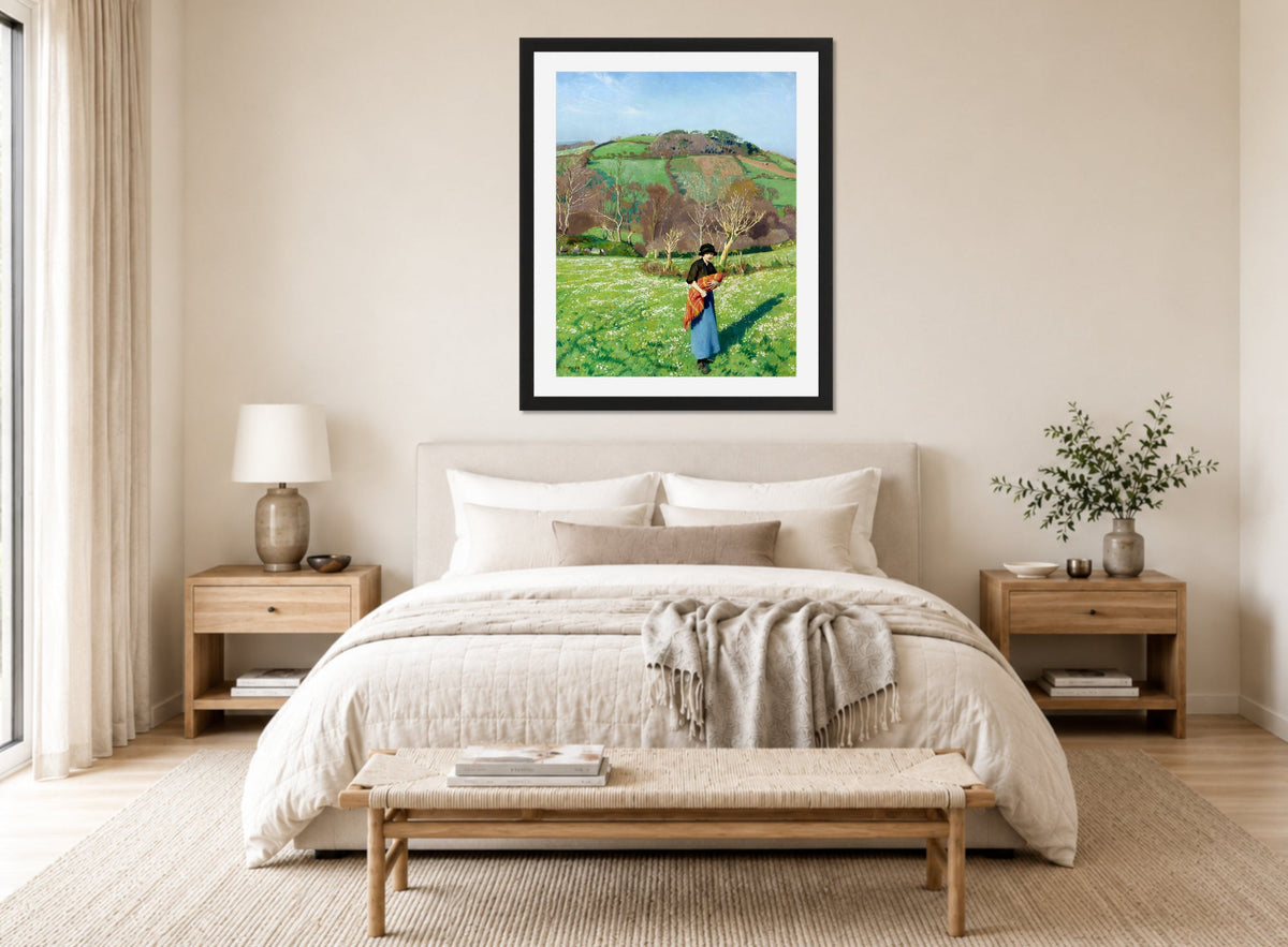 Harold Harvey Print, Early spring (1918) displayed above a bed