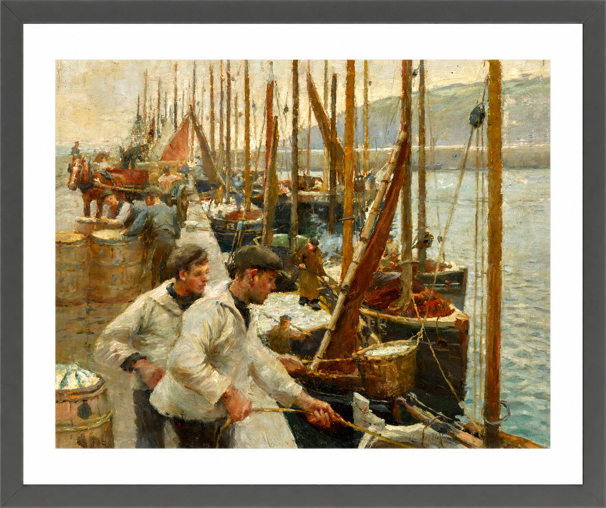 Harold Harvey Print, Fishing Boats, Newlyn in a dark grey frame