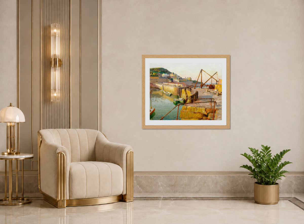 Harold Harvey Print, Mousehole (1939) displayed in an Art Deco interior